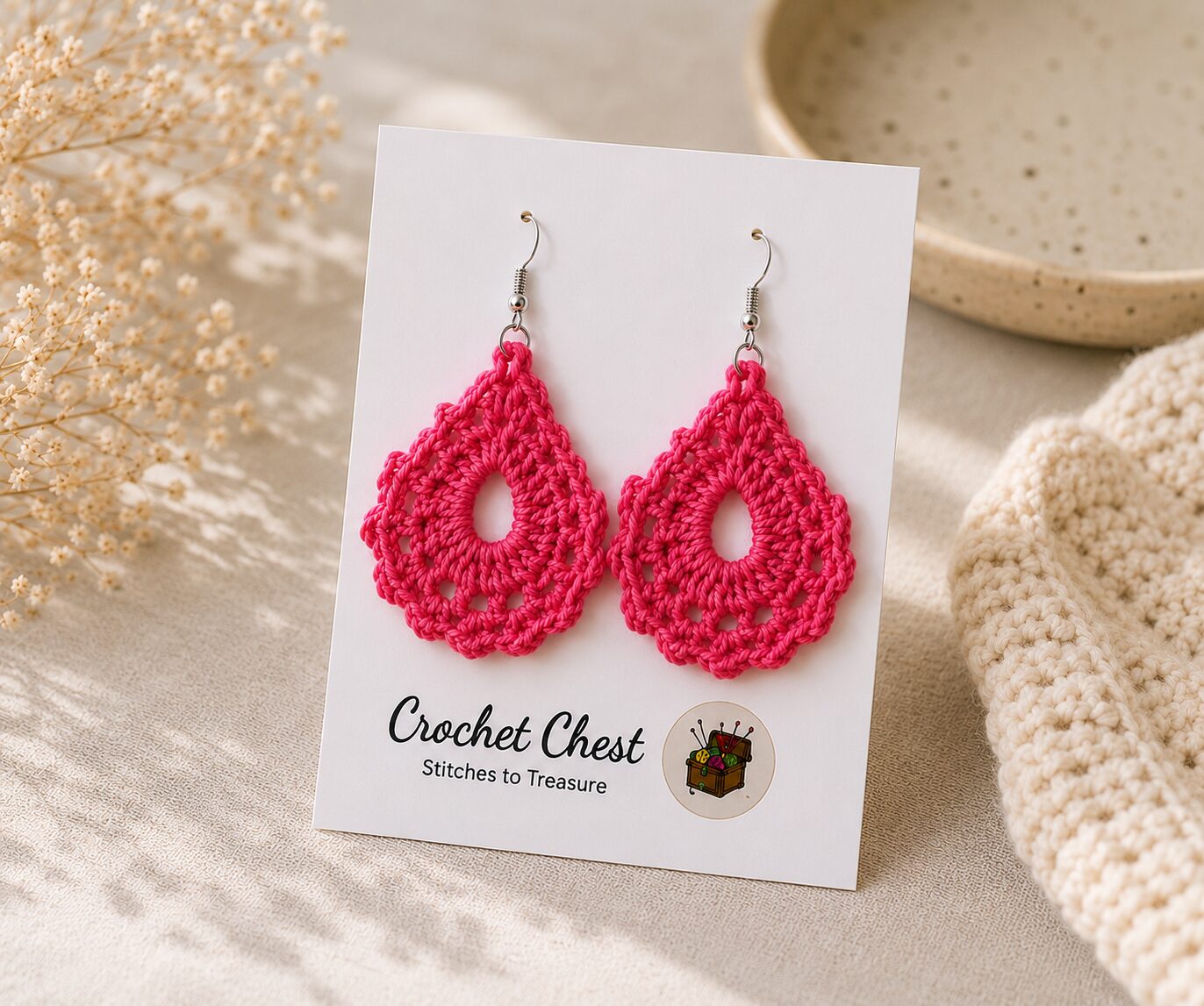 Handmade Pink Crochet Lace Earrings Lightweight Boho Dangle Jewelry - Image 3