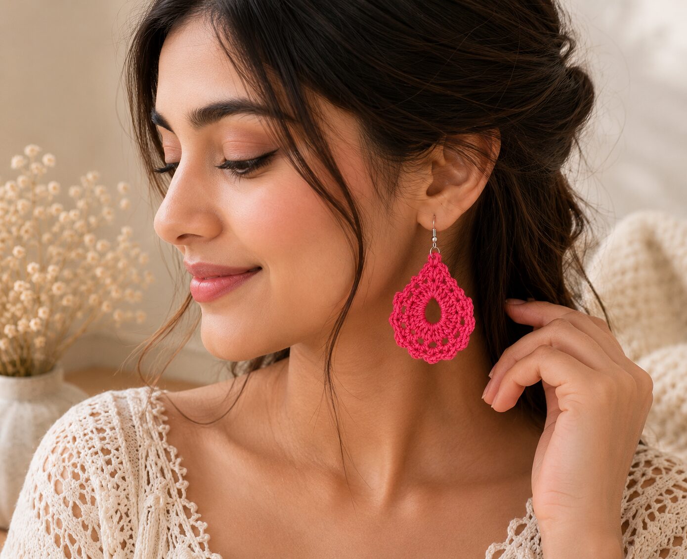 Handmade Pink Crochet Lace Earrings Lightweight Boho Dangle Jewelry - Image 2