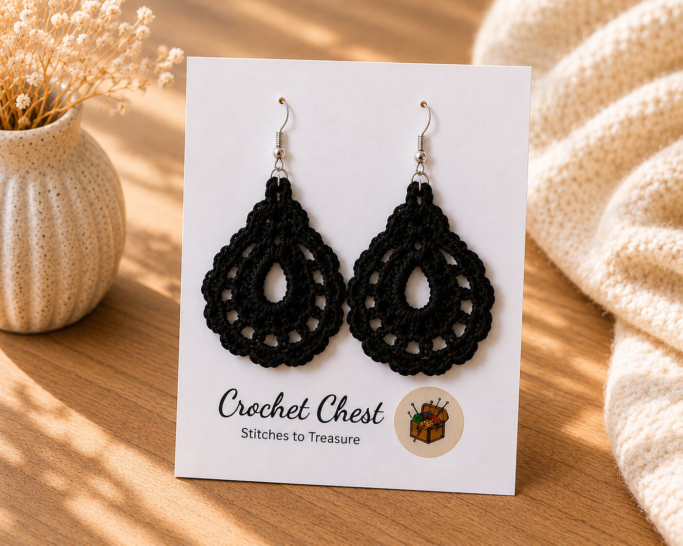 Handmade Black Crochet Lace Earrings Lightweight Elegant Boho Jewelry