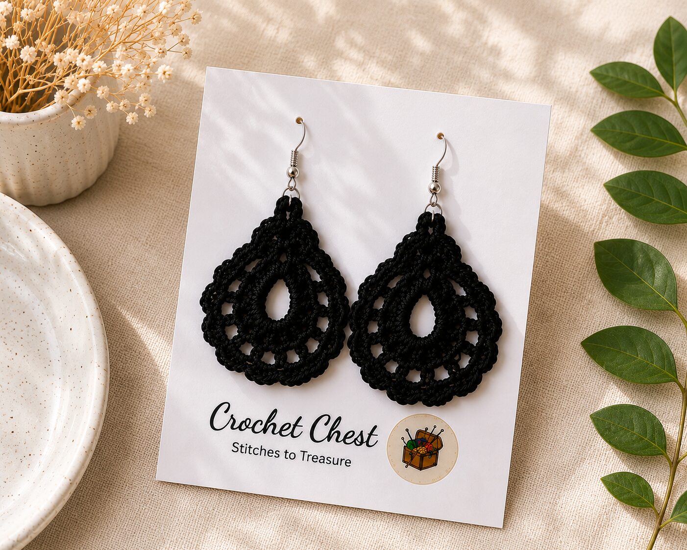 Handmade Black Crochet Lace Earrings Lightweight Elegant Boho Jewelry - Image 3
