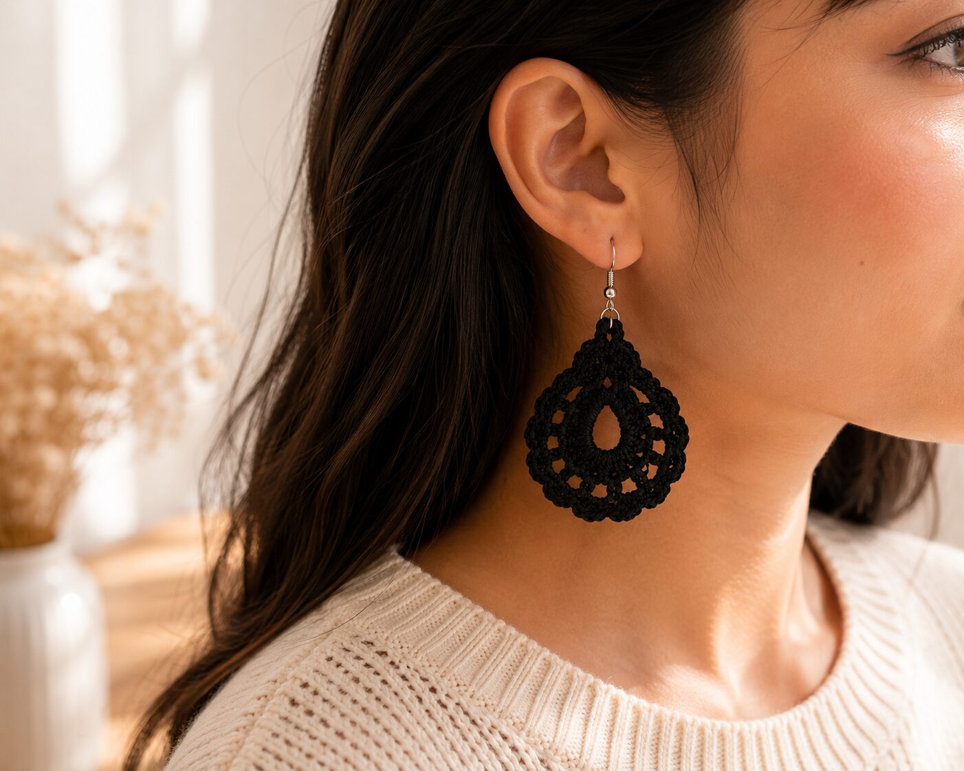 Handmade Black Crochet Lace Earrings Lightweight Elegant Boho Jewelry - Image 2