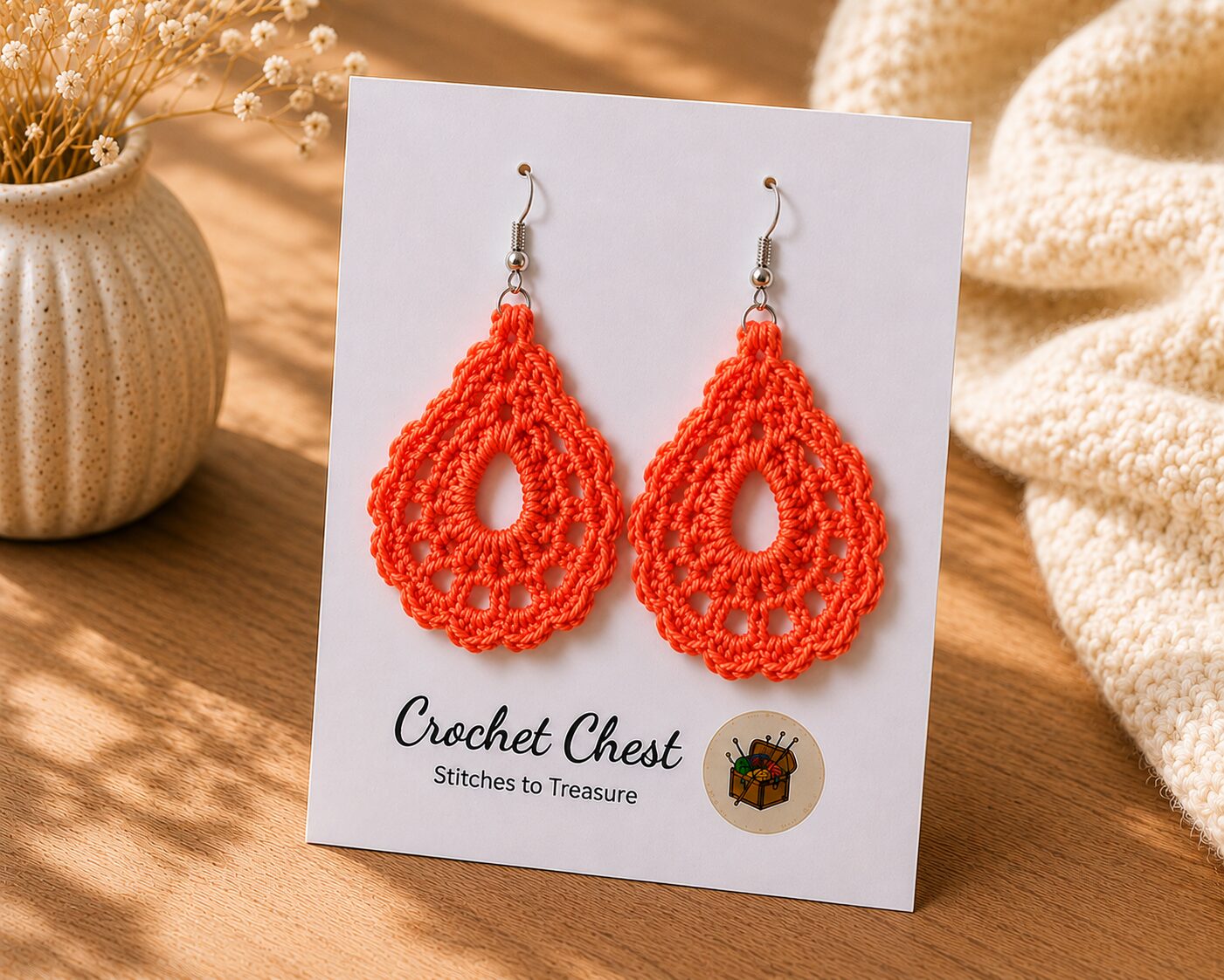 Handmade Orange Crochet Lace Earrings Lightweight Boho Dangle Jewelry