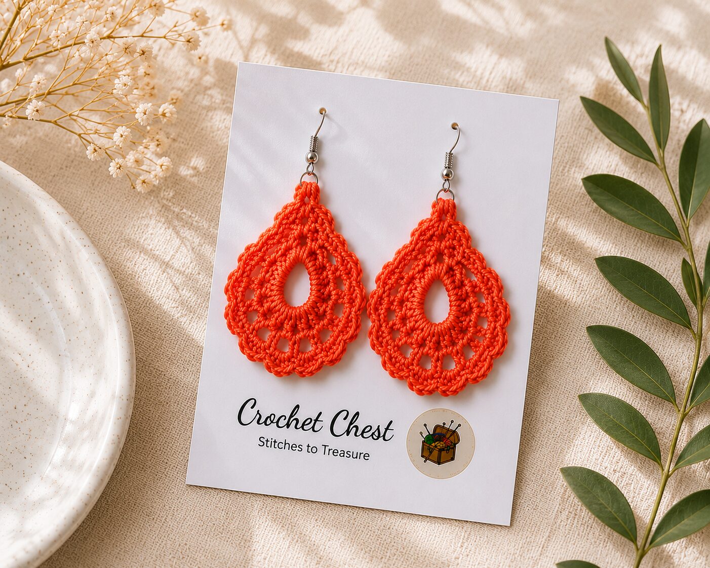 Handmade Orange Crochet Lace Earrings Lightweight Boho Dangle Jewelry - Image 3