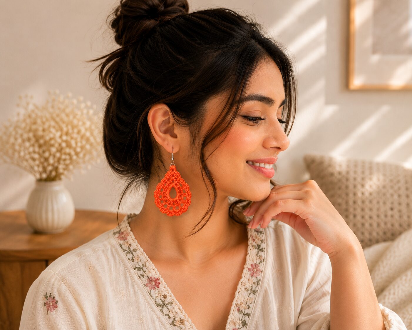 Handmade Orange Crochet Lace Earrings Lightweight Boho Dangle Jewelry - Image 2
