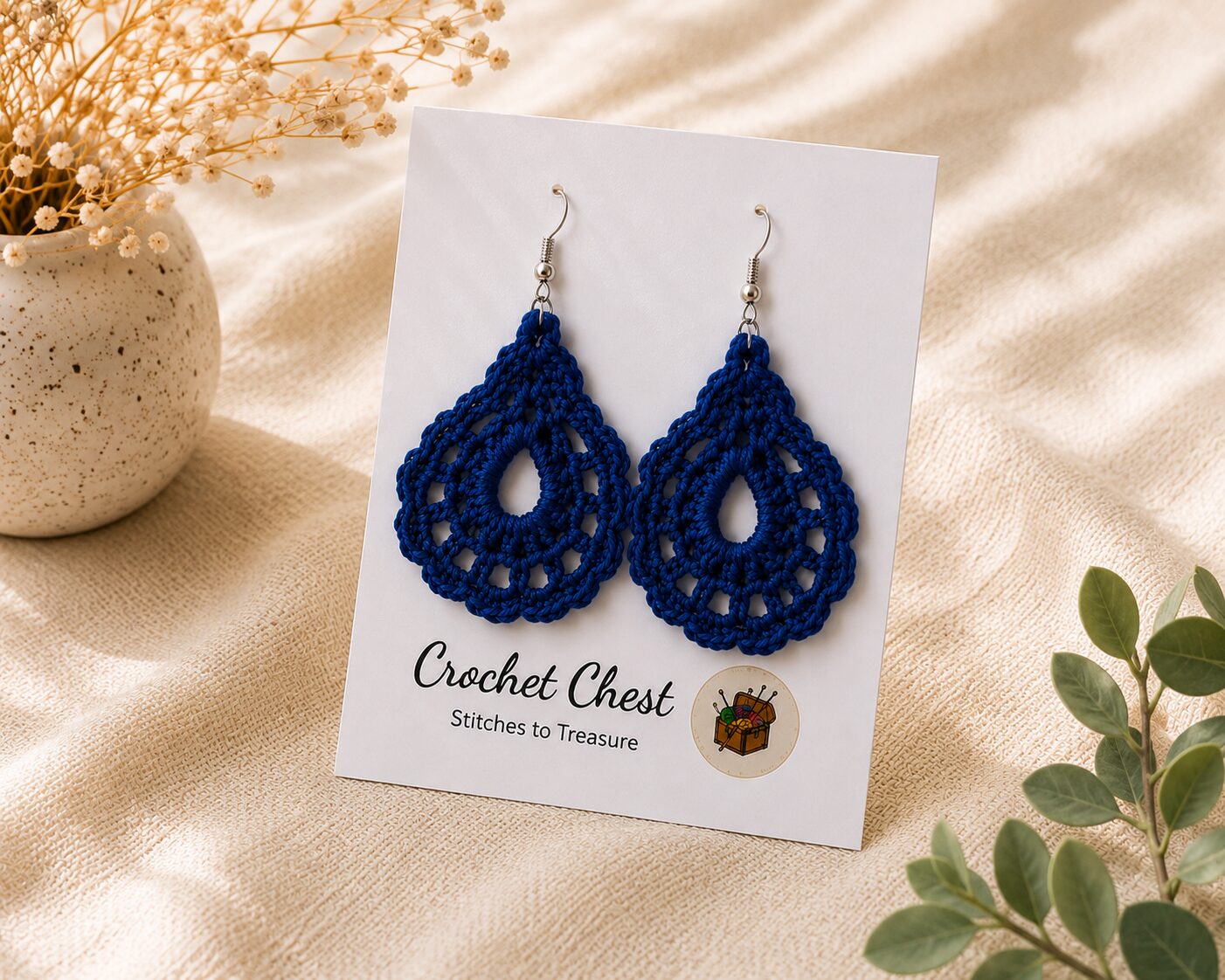 Handmade Royal Blue Crochet Lace Earrings Lightweight Boho Dangle Jewelry - Image 2