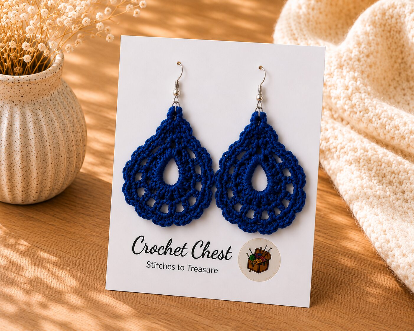 Handmade Royal Blue Crochet Lace Earrings Lightweight Boho Dangle Jewelry
