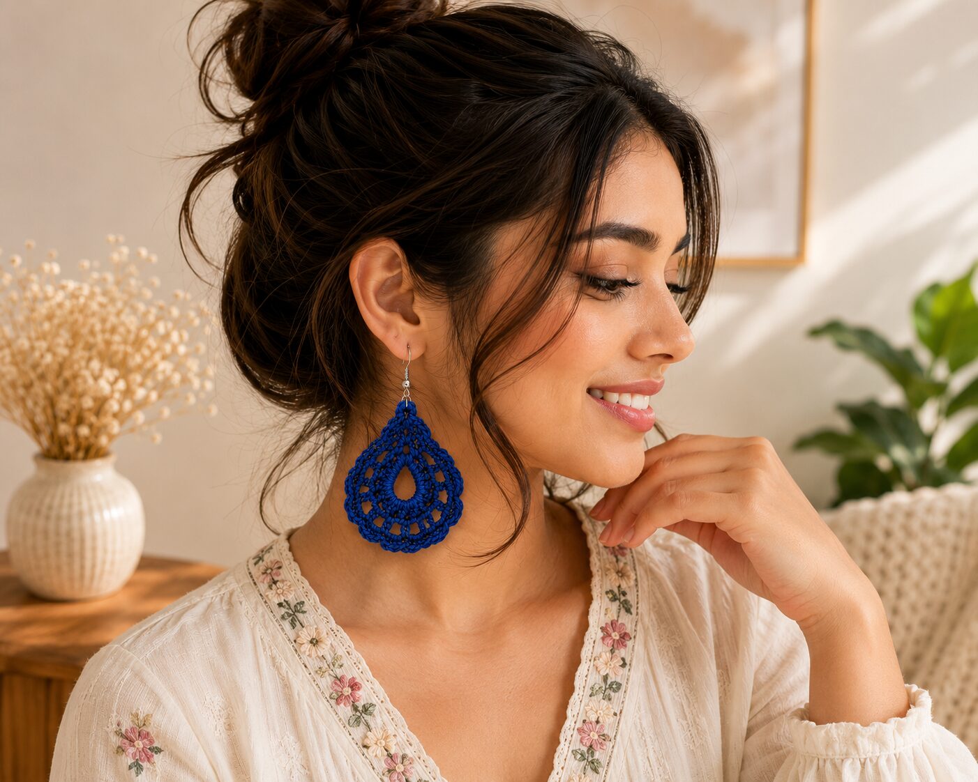 Handmade Royal Blue Crochet Lace Earrings Lightweight Boho Dangle Jewelry - Image 3